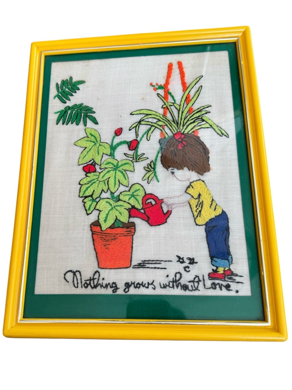 VTG 70s Needlepoint Embroidery Framed Plants Child Nothing Grows Without Love